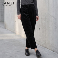 Pantalon large en velours côtelé noir pour femme, taille haute, poches à rabat plissées, fermeture éclair, 100% coton, décontracté, usage quotidien, étiquettes personnalisées OEM