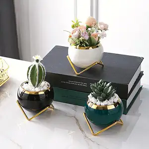 Nordic Creative Glazed Small Mini Succulent Planter Ceramic Flower Plant Pots With Metal Stand