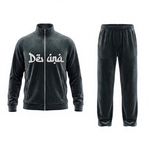 Chándal de terciopelo personalizado unisex verde con media cremallera, cuello alto, ropa deportiva informal, bordado, estampado, bolsillos laterales, secado rápido para primavera - Product Image 1