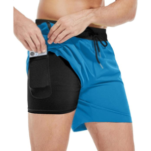 Shorts double couche bleu vif, séchage rapide, extensible, respirant, 2-en-1, pour la course, la gym, l'entraînement, avec ceinture contrastante noire, pour adultes - Product Image 1