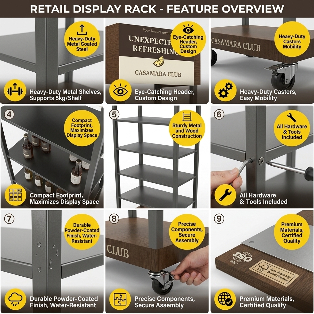 Wholesale Custom Modular Wood Metal Coffee Display Rack Floor Standing Snack Display Stand with Wheels for Retail Boutique — view 5