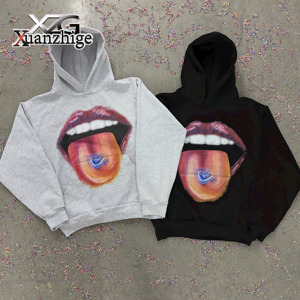 XuanZhiGe sweats à capuche personnalisés unisexe de haute qualité lavé surdimensionné lèvre <span class=keywords><strong>langue</strong></span> imprimer sweats à capuche essentiels sweat à capuche femmes de haute qualité - Product Image 1