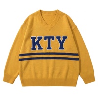 Pull en maille décontracté ample à col en V pour femme, grande taille, imprimé lettres, rayé, style universitaire, OEM ODM
