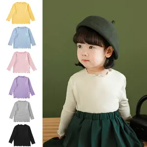 C2188/Basic tee autumn baby girl t shirt solid color cute kids t shirts knitted long sleeve girls t-shirt