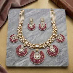 Premium 925 Silver Pink <b>Ruby</b> <b>Necklace</b> Set Luxury Bridal Jewelry Designer Ethnic Pearl <b>Necklace</b> with Earrings for Women - Product Image 2