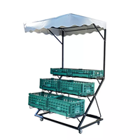 Groothandel zware-duty mobiele buitenkraam voor fruitverkoop met afdak, 3-laags metalen mand, groentepresentatie rek, zwenkwielen