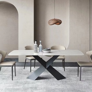 Juego de Mesa de Comedor de Diseño Moderno Wabi-Sabi, Tapa de Mármol Brillante, <span class=keywords><strong>Patas</strong></span> de Acero al Carbono, Venta al por Mayor, Muebles Nórdicos Blancos, Almacén - Product Image 5