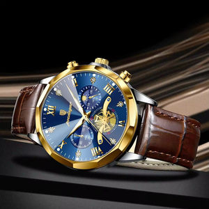 Montres-bracelets pour hommes POEDAGAR 938 Chronographe avec affichage des secondes, mouvement à quartz, bracelet en cuir, multifonction - Product Image 2