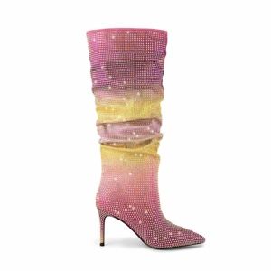 Winter Fashion Women Sexy Pencil High Heel Wide Calf <strong>Boots</strong> <strong>Sparkly</strong> Full Diamond Lady Gradient Satin Fabric Knee High <strong>Boots</strong> - Product Image 2