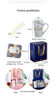 Ensemble cadeau de tasses en céramique marbrée élégantes et modernes avec logo personnalisé Wisteria, serviette en polaire corail, cuillère, souvenir de mariage ou d'entreprise