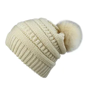 Wholesale Custom Logo Ladies Knitting Winter Hat With Rabbit Fur Pom Beanie