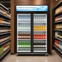 Lemari Pendingin Minuman Komersial Tegak dengan Pintu Kaca dan Lampu LED untuk Supermarket