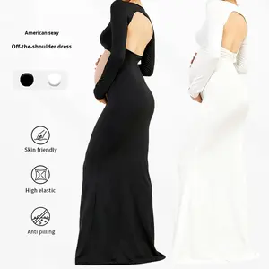 <span class=keywords><strong>Robe</strong></span> de maternité fendue pour femme, manches longues, froncée, en tissu tissé, col carré, dos évidé, coupe sirène élégante - Product Image 3