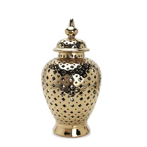 J126G Nordic Ceramic Gold Jar Vase Dry Flower Home Decor Wholesale Porcelain Luxury Hollow Out Ginger Jar Set