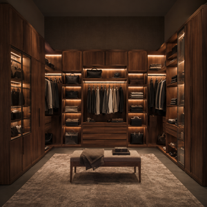 Dressing moderne en <span class=keywords><strong>bois</strong></span> de <span class=keywords><strong>noyer</strong></span> foncé avec système de rangement en U, certifié FSC, <span class=keywords><strong>armoire</strong></span> professionnelle - Product Image 1