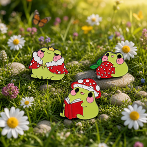 Broches en émail dur mignonnes et kawaii : grenouille, couronne royale, fraise, champignon, lecture – Cadeau idéal pour les amateurs de grenouilles - Product Image 4