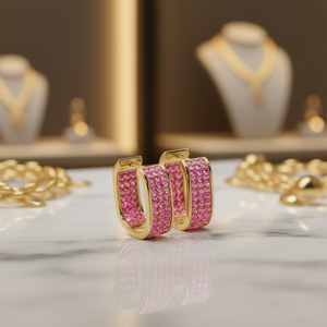 Pendientes Huggie de Oro Blanco E4629 con Piedras Rosas, Microincrustaciones Geométricas, Joyería de Lujo para Mujer, para Fiestas - Product Image 2