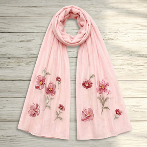 Pink <b>Floral</b> Embroidered Cotton <b>Scarf</b> Lightweight Breathable Soft Shawl for Women Spring Daily Wear - Product Image 1