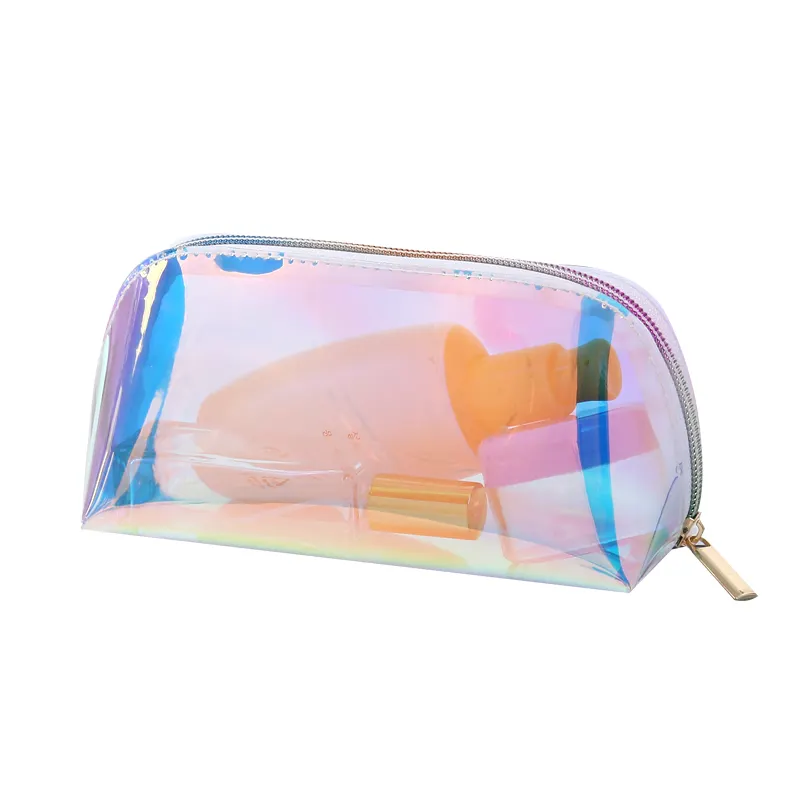 Pochette de maquillage holographique pour femmes, sac de cosmétiques transparent en PVC, imperméable, pochette de voyage