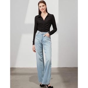 Body de manga larga para mujer con cuello en V, acanalado, con cuello tipo camisa, fruncido, elástico, de punto, para uso casual - Product Image 5