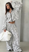 Ensemble de survêtement décontracté deux pièces pour femme, comprenant un sweat à capuche court et un pantalon large à imprimé floral en dentelle