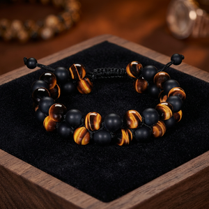 Bracelet en perles œil de tigre et onyx noir, réglable, unisexe, style bohème, bijou cadeau, Hemasa Fashions, certifié par une tierce partie - Product Image 3
