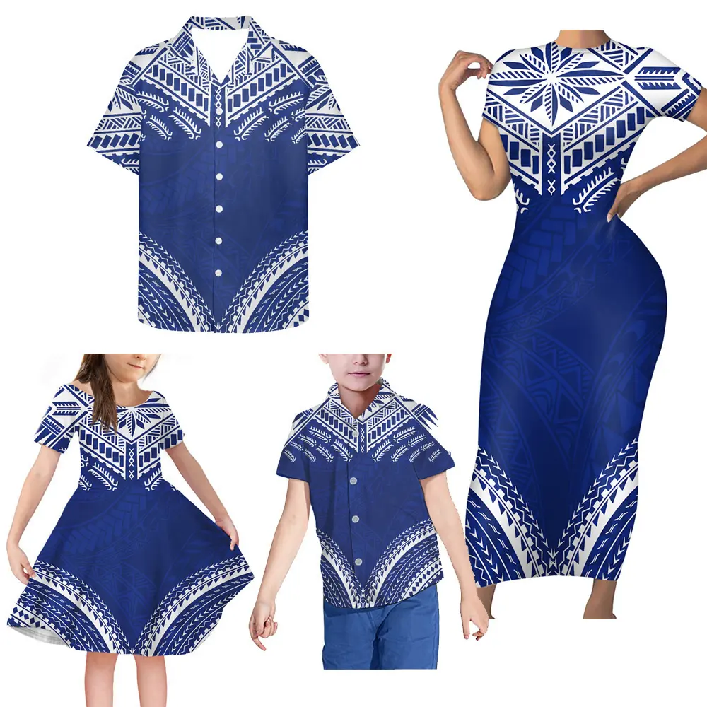 Las mujeres de alta calidad vestido de Polinesia diseño Tribal familia conjunto de ropa para niños ropa 4 unids/set Tapa diseño