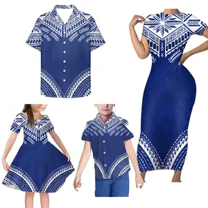 Le donne di alta qualità vestono su misura disegno tribale polinesiano Set di famiglia vestiti per adulti per bambini 4 pz/set Tapa Design - Product Image 1