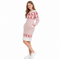 Robe courte à col rond pour filles avec logo personnalisé, rouge et blanc, motif Fair Isle, manches longues, tricot en viscose mélangée, tendance automne-hiver