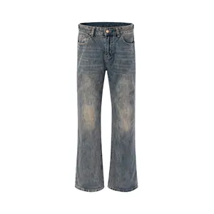 Zhuoyang aplikasi Resin cuci biru antik kustom, celana Jeans potongan bot Slim Fit ramping pria Distressed buatan tangan