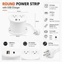 Stopkontak Listrik Terpasang di Meja dengan Kabel Putih, Model Bulat, Dilengkapi Port USB-C untuk Pengisian Daya