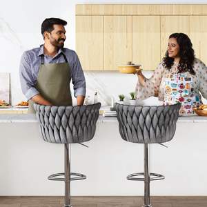 AWQM Set bangku Bar krem Modern <span class=keywords><strong>2</strong></span> kursi putar tinggi dengan sandaran kaki & sandaran kaki berlapis kain yang dapat disesuaikan untuk ruang tamu - Product Image 6