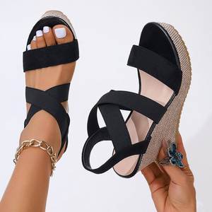 Sandales compensées à bout ouvert grande taille 36-42 talon haut avec sangle croisée semelle épaisse pour femmes - Product Image 1