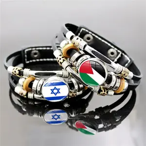 Benutzer definierte Hot Selling Leder Armband Mode hand gefertigte Legierung Leder geflochten Palästina Flagge Armband für Unisex