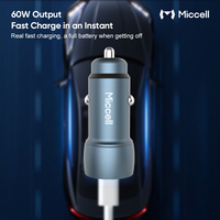 Chargeur de voiture Miccell 60W double port Type-C QC3.0 PD, matériau ignifuge, charge rapide pour ordinateur portable, OVP SCP OTP