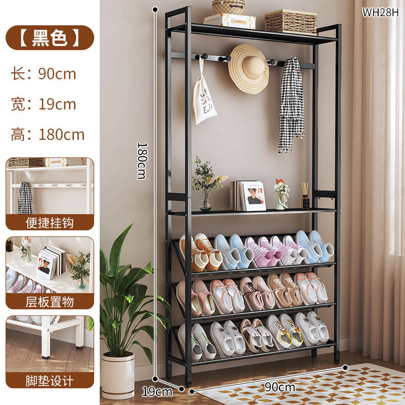 ราวแขวนเสื้อโค้ทแบบสองราวสำหรับทางเดิน ความยาว 90 ซม. (สีดำ) พร้อมตะขอ 5 ตัว