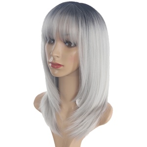 Perruque haut de gamme pour femme, grise dégradée, <span class=keywords><strong>mi</strong></span>-longue, lisse, <span class=keywords><strong>avec</strong></span> <span class=keywords><strong>frange</strong></span>, en fibre haute température, réglable, vente en gros d'usine - Product Image 6