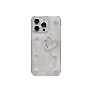 新款上市软可爱奢华蝴蝶心珍珠手机外壳适用于iPhone 11 12 13 14 15 Plus Pro Max