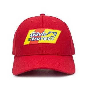 Topi bisbol kepar katun, topi olahraga 6 Panel kustom Snapback merah dengan Logo bordir