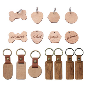 Laser Engraved Wooden Keychain with Metal Accents - Retro PU Leather Blank Key Tag for Customization