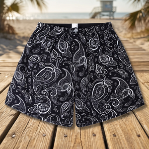 <b>Men</b> Black White Paisley Print Polyester Swim <b>Trunks</b> Regular Fit Quick Dry Woven Shorts - Product Image 2