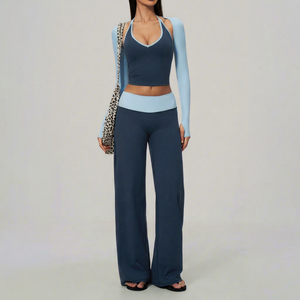 <b>Women</b> 3 Piece Yoga Set Color Block Halter V Neck Crop Top Long Sleeve Shrug High Waist Flared <b>Leggings</b> <b>Navy</b> - Product Image 1
