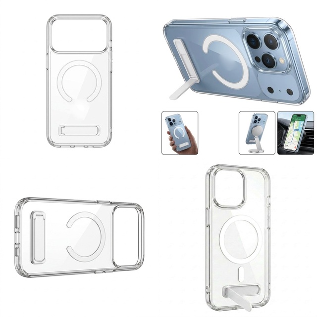 Clear Magnetic Phone Case Foldable Stand Anti-Yellowing Ultra Thin for Office for iPhone 17 16 15 14 13 12 11 Pro Max Plus mini