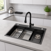 Évier de cuisine multifonctionnel en acier inoxydable 304 avec revêtement nano PVD, grand bac unique, effet cascade, avec robinet, directement de l'usine