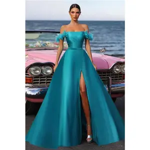 Blue 3D flower strapless natural A-line sexy high front slit matte satin evening dresses/formal gowns