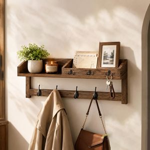 Estante de almacenamiento montado en la pared con ganchos para la entrada, organizador de llaves, abrigos y sombreros, rectangular de madera maciza, duradero - Product Image 4