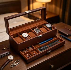 Boîte à montres grande capacité à double couche, intérieur en velours marron, couvercle en verre, tiroir pour ranger montres-bracelets, bagues, bracelets de montre et accessoires - Product Image 4