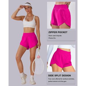 FOXA Pantalones cortos para correr para mujer, cintura alta, con bolsillos, pantalones cortos deportivos de secado rápido, rosa brillante M - Product Image 5