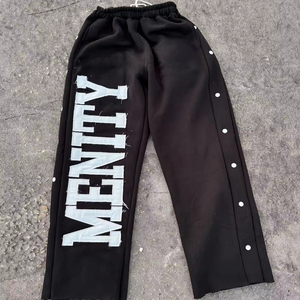Custom 100% Cotton <b>Sticker</b> Embroidery Pants Leg Side Adjustable Button Raw Hem Drawstring Baggy Sweatpants - Product Image 6