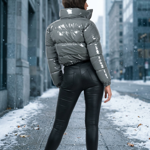 Blouson matelassé gris à capuche, coupe courte, fermeture éclair, coupe-vent, épais, style décontracté, unisexe, coupe ajustée - Product Image 5